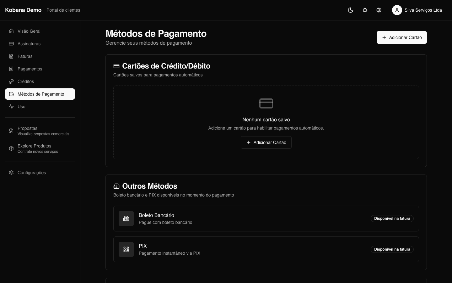 Tela de métodos de pagamento com cartões cadastrados