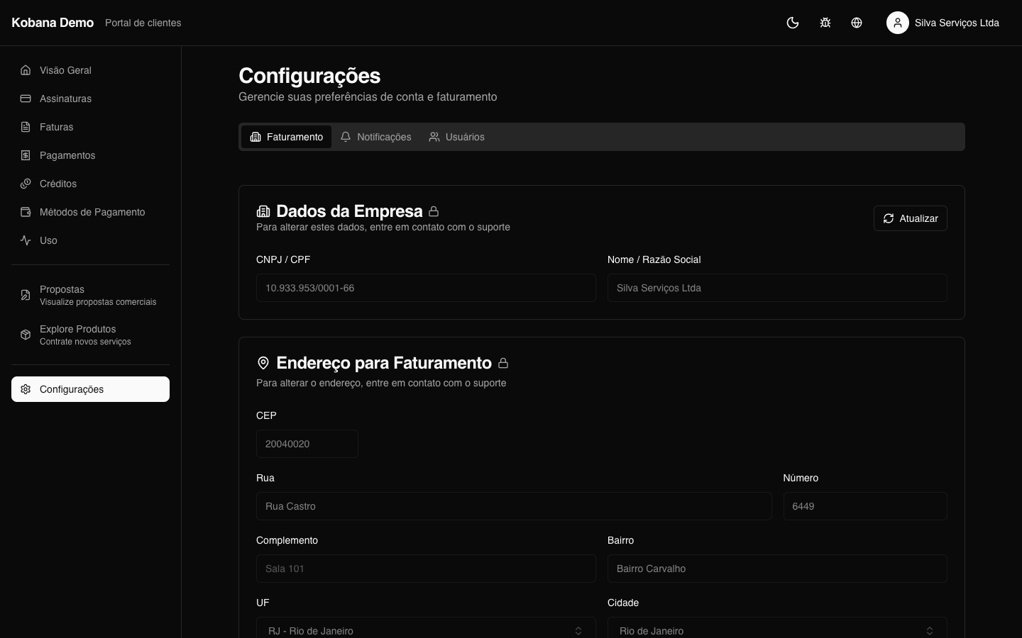 Configurações do portal com preferências de cobrança e notificações