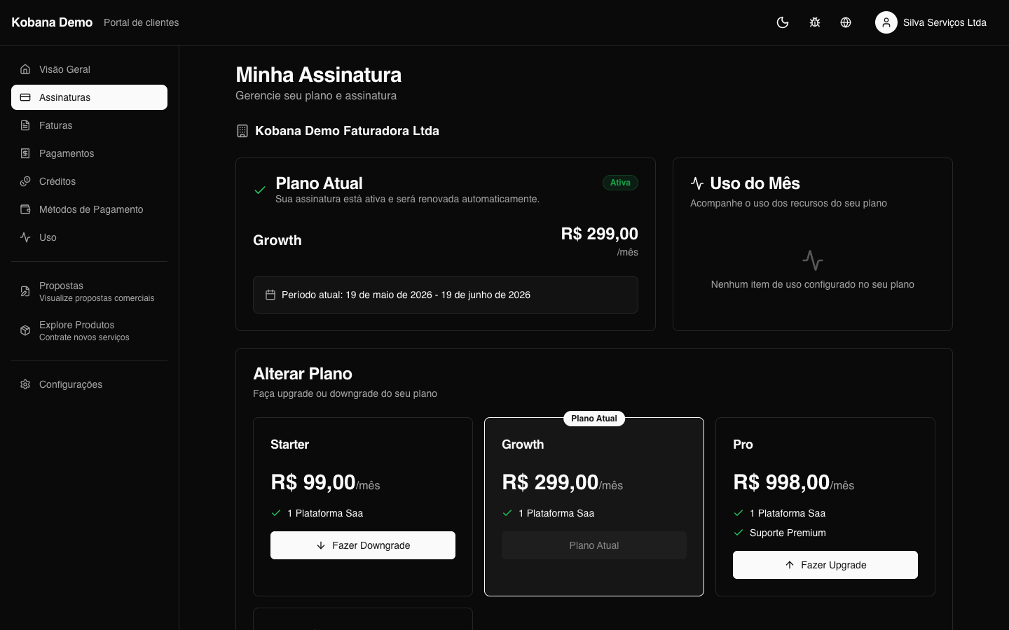 Detalhe de uma assinatura com histórico de faturas e mudanças
