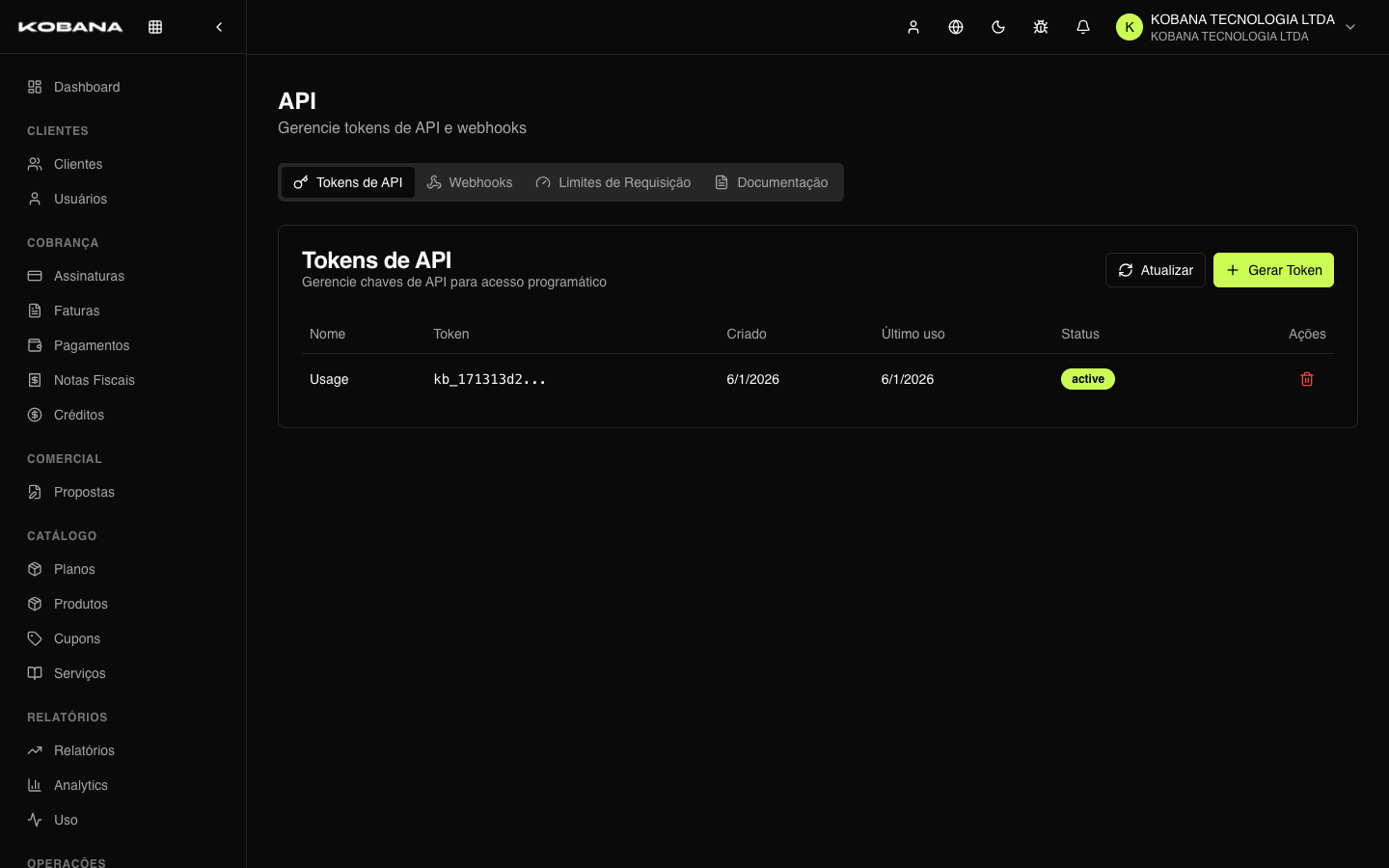 Lista de API keys com nome, escopos, último uso e status