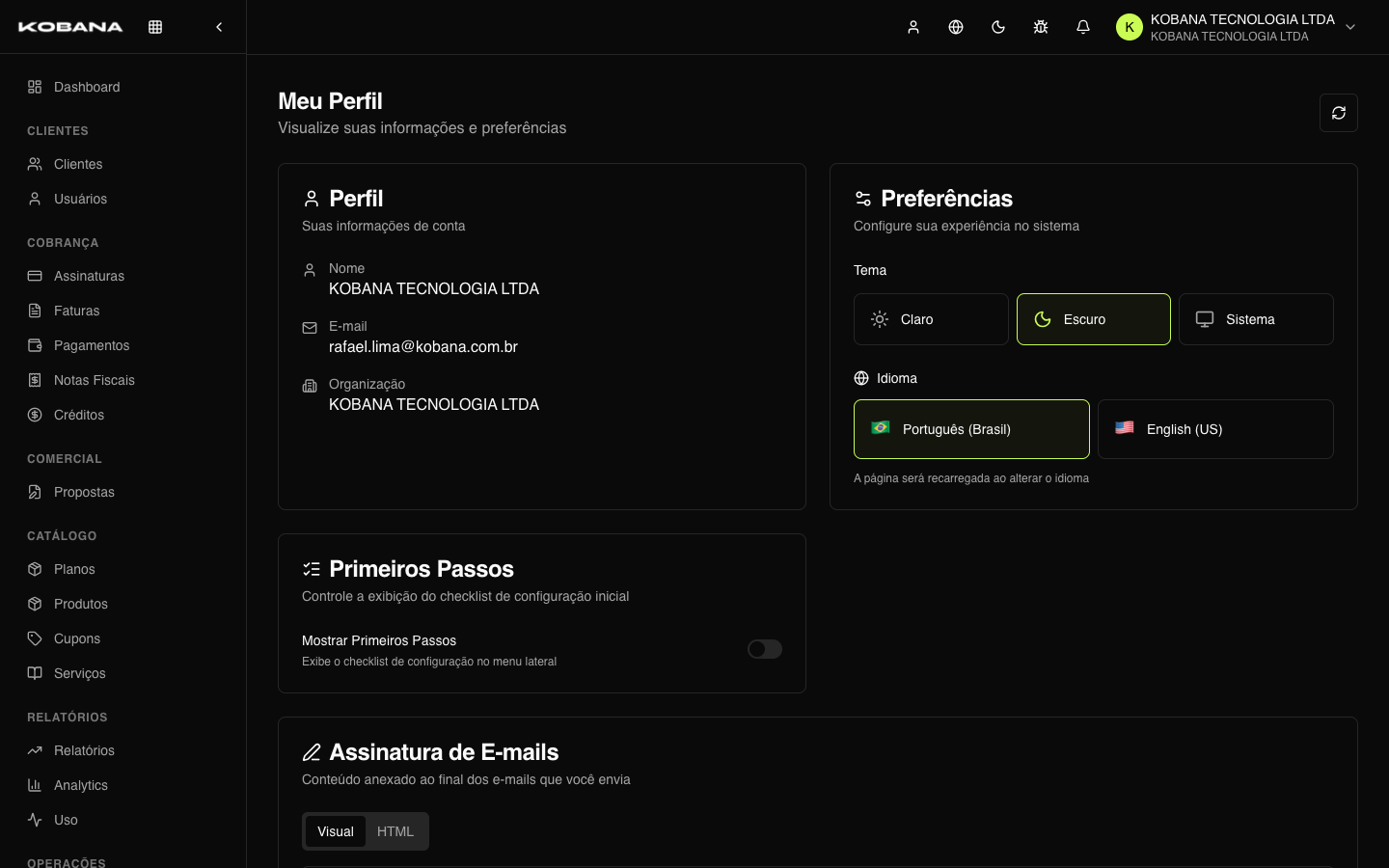 Perfil do usuário com aparência, idioma e assinatura de e-mail