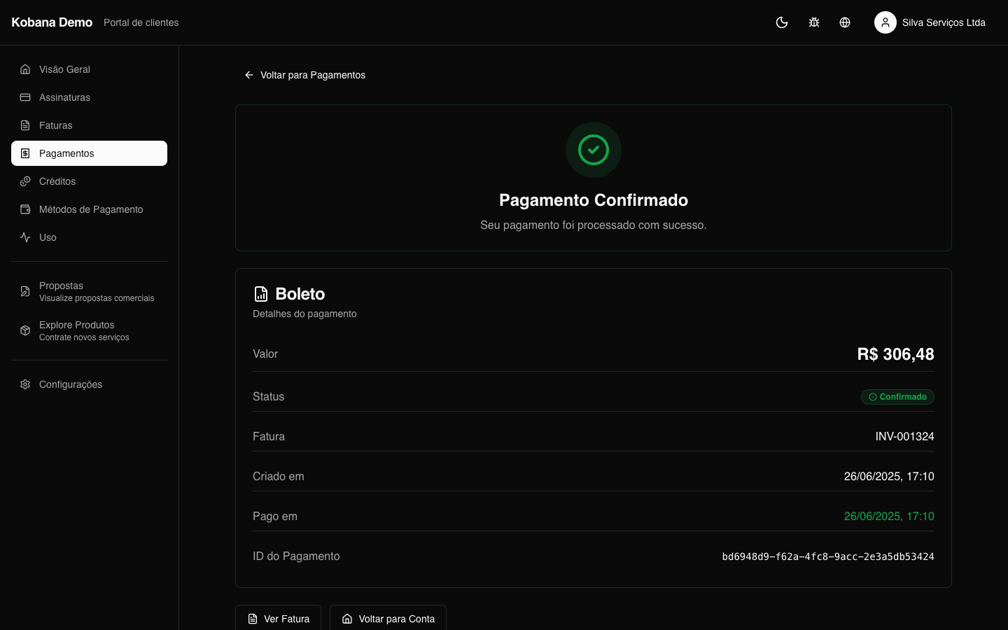 Detalhe de um pagamento com recibo e fatura relacionada