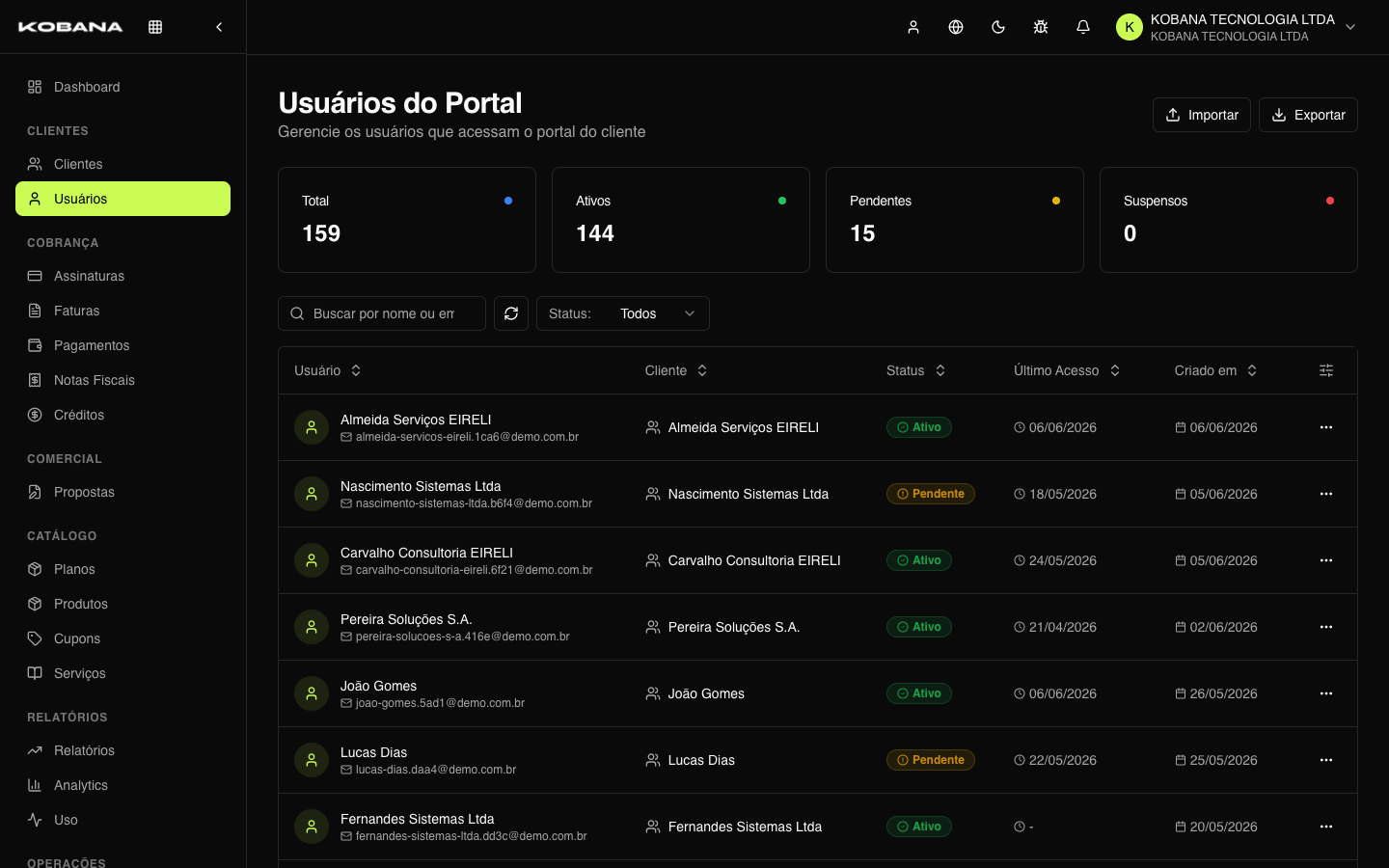 Lista de usuários do portal com e-mail, conta de cobrança e status
