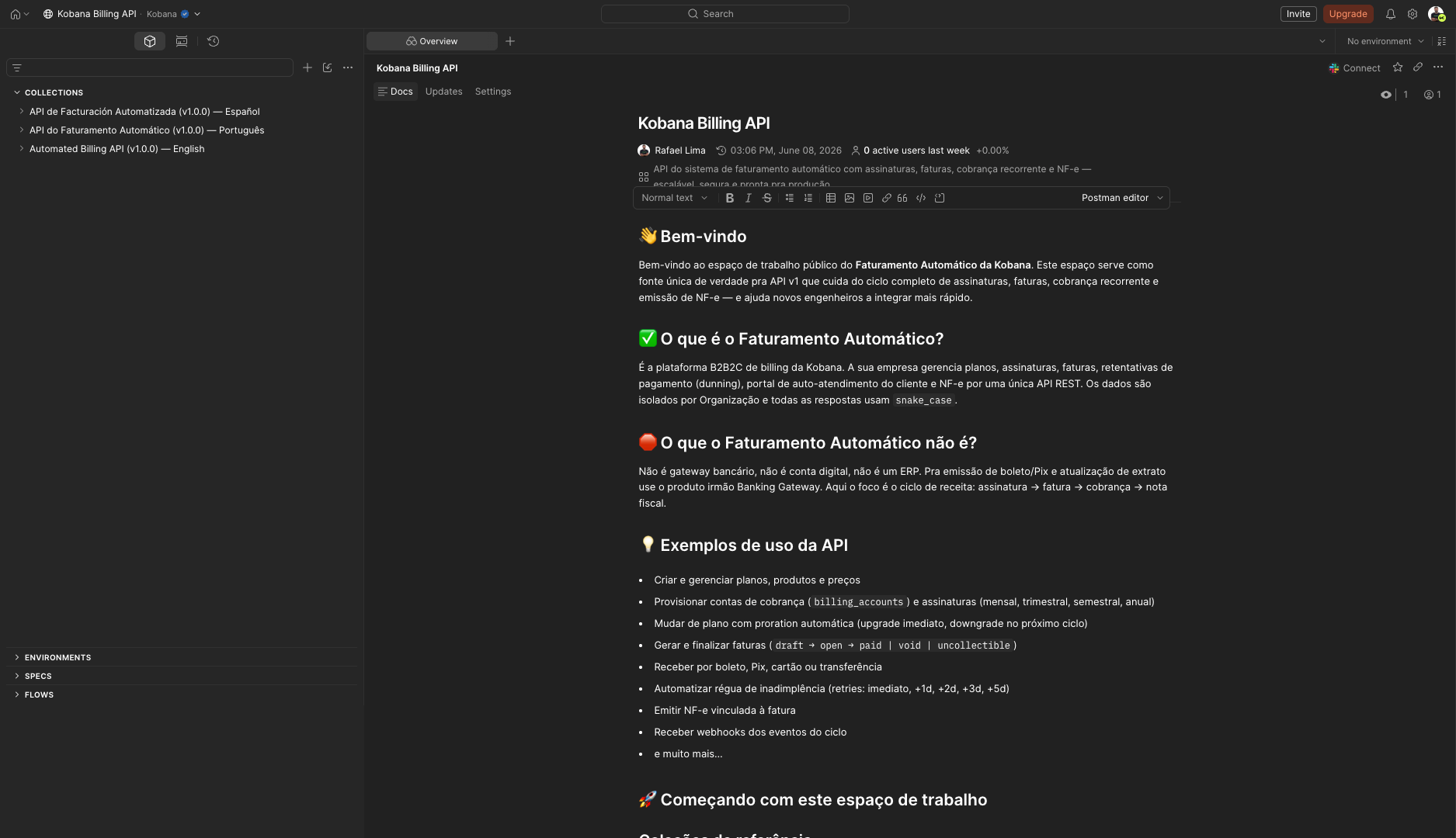 Workspace Kobana Billing API en Postman