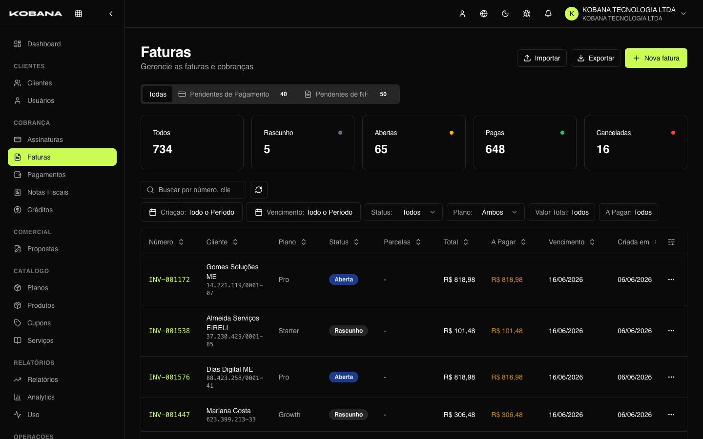 Lista de faturas do dashboard com filtros e ações