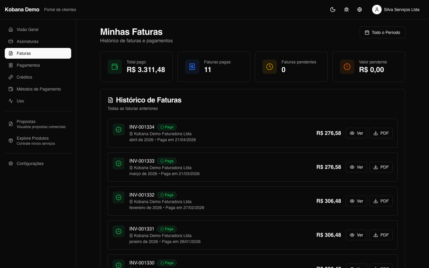 Lista de faturas no portal com status e ações
