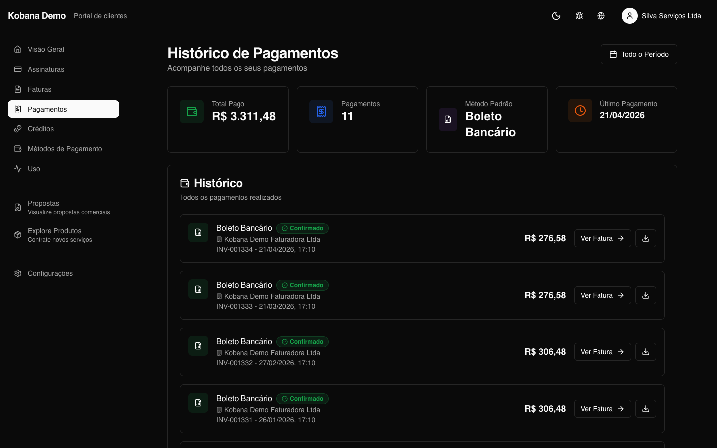 Histórico de pagamentos no portal