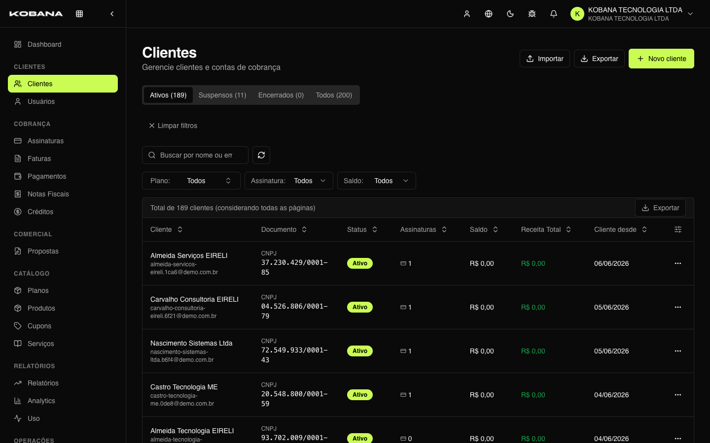 Lista de clientes com nome, documento e contas de cobrança