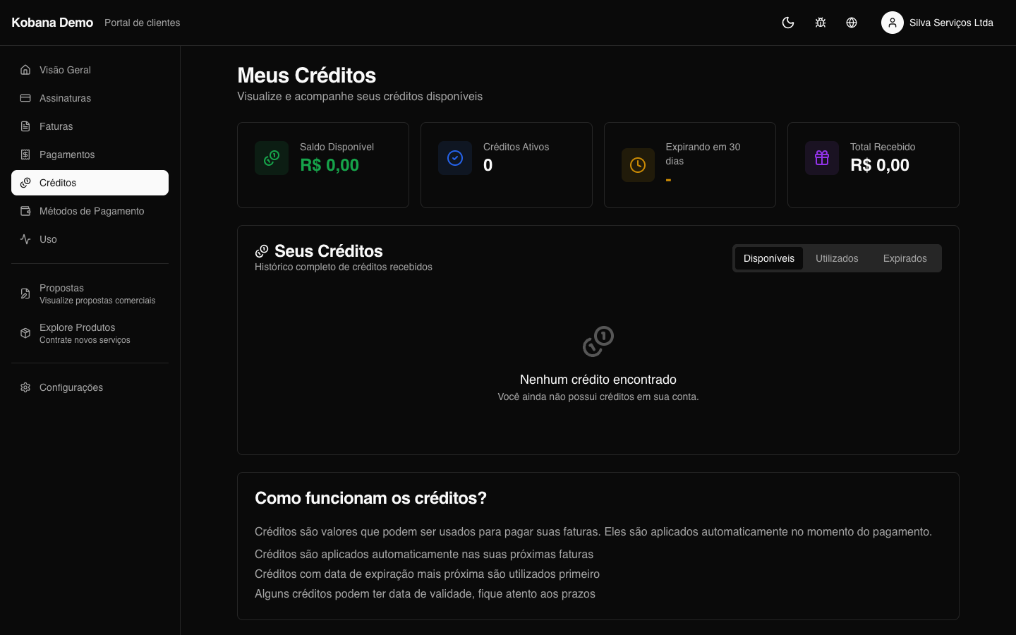 Saldo e histórico de créditos no portal