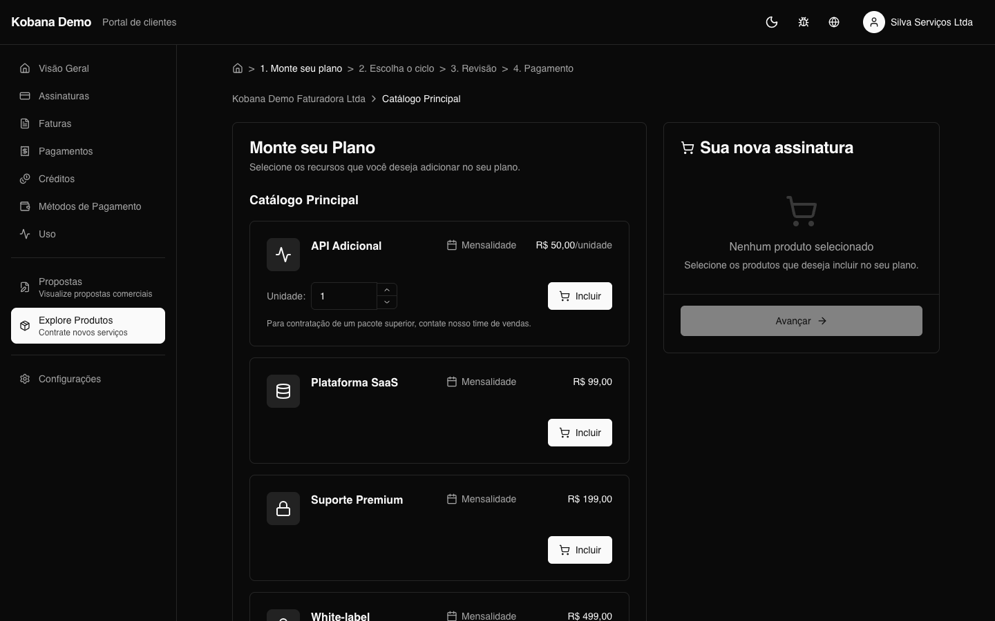 Vitrine de produtos no portal do cliente