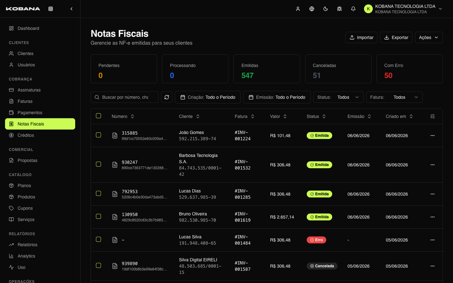 Lista de NF-e com status, valor e impostos