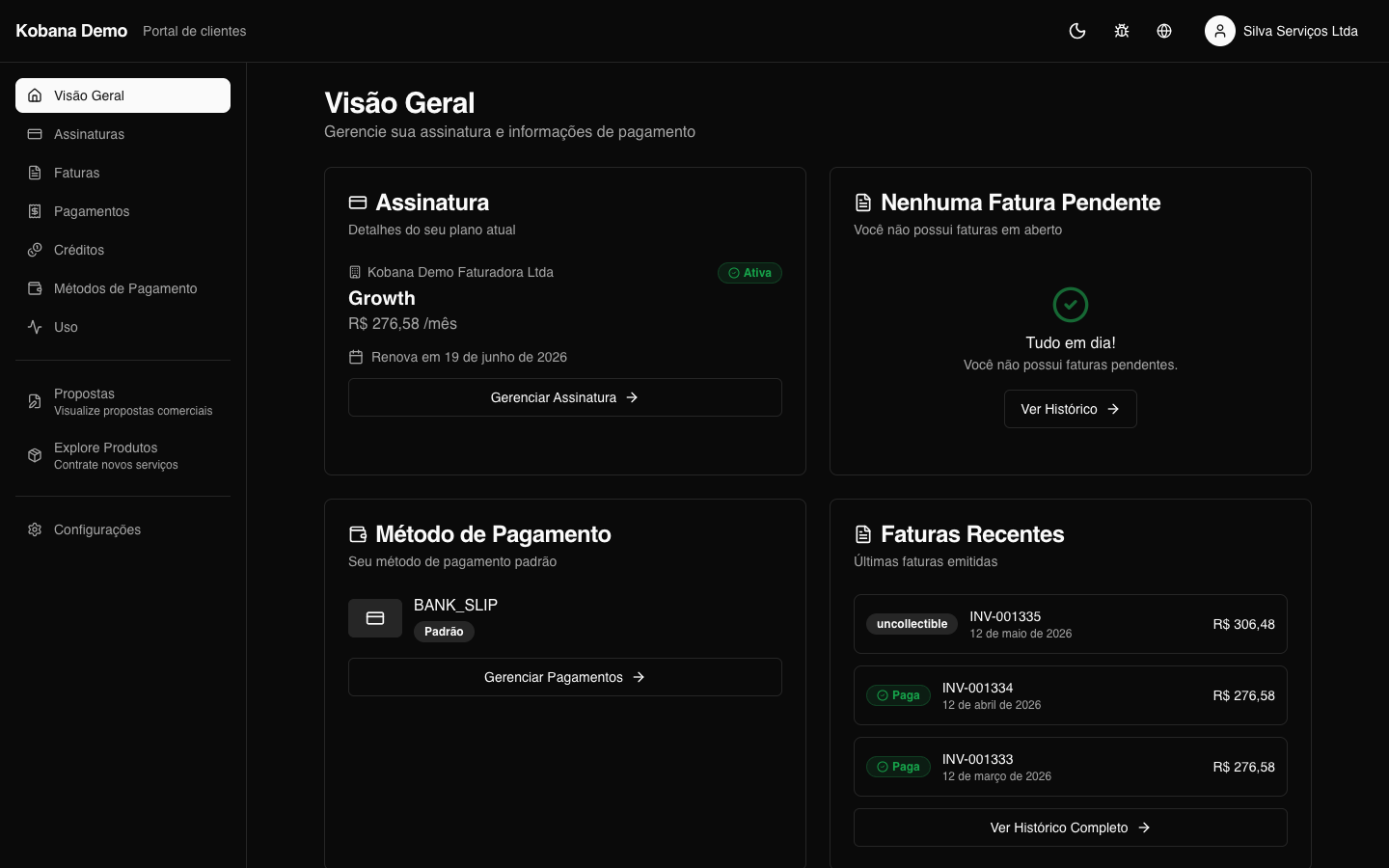 Edição dos dados de conta de cobrança no portal