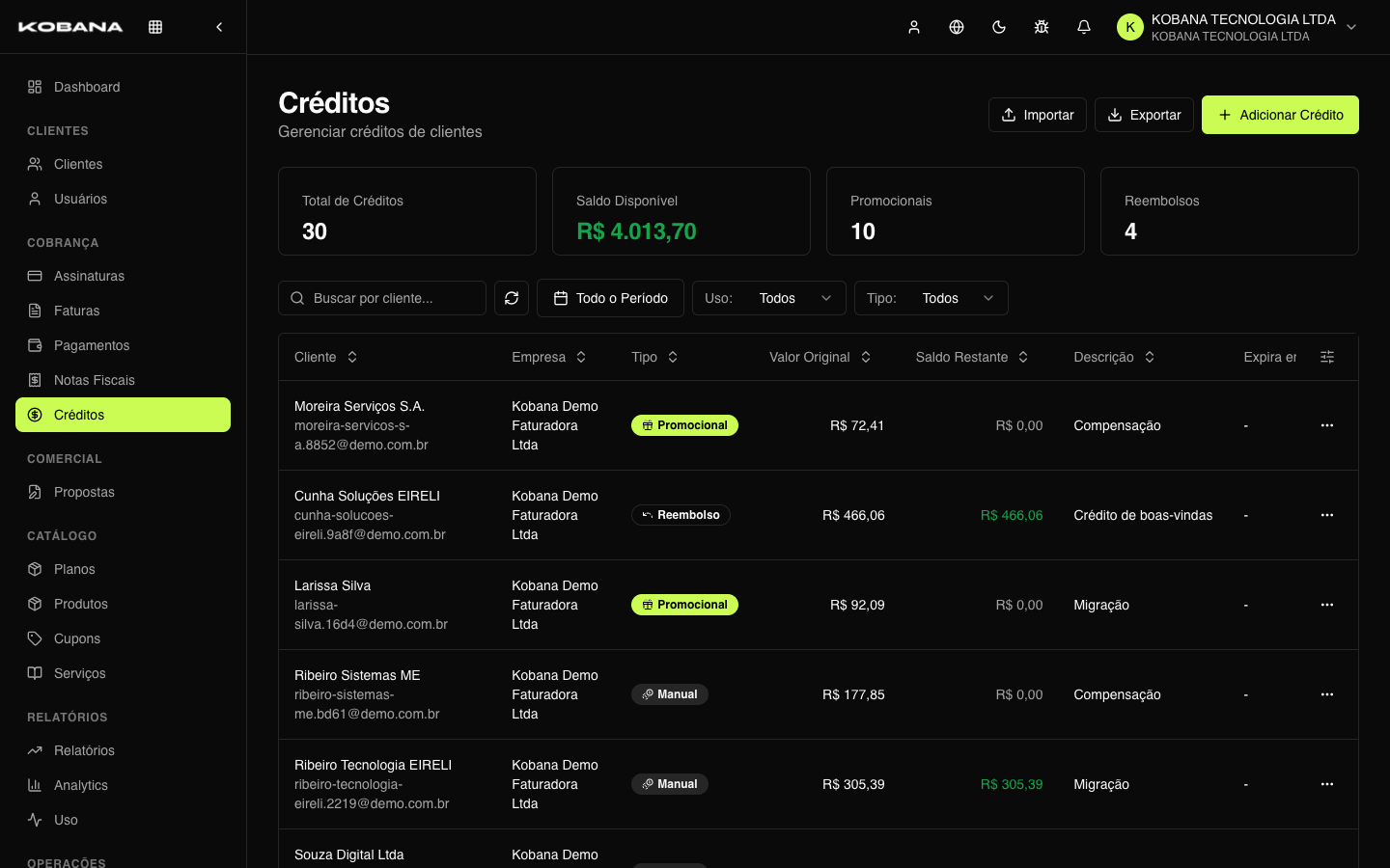 Lista de créditos com origem, saldo e aplicações