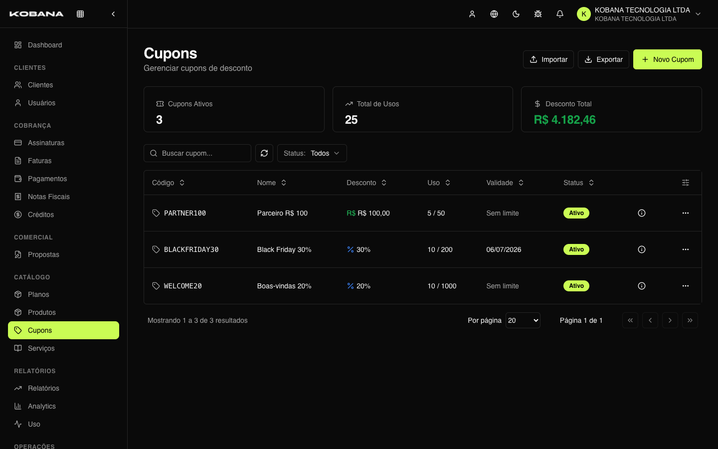 Lista de cupons com tipo de desconto, validade e resgates