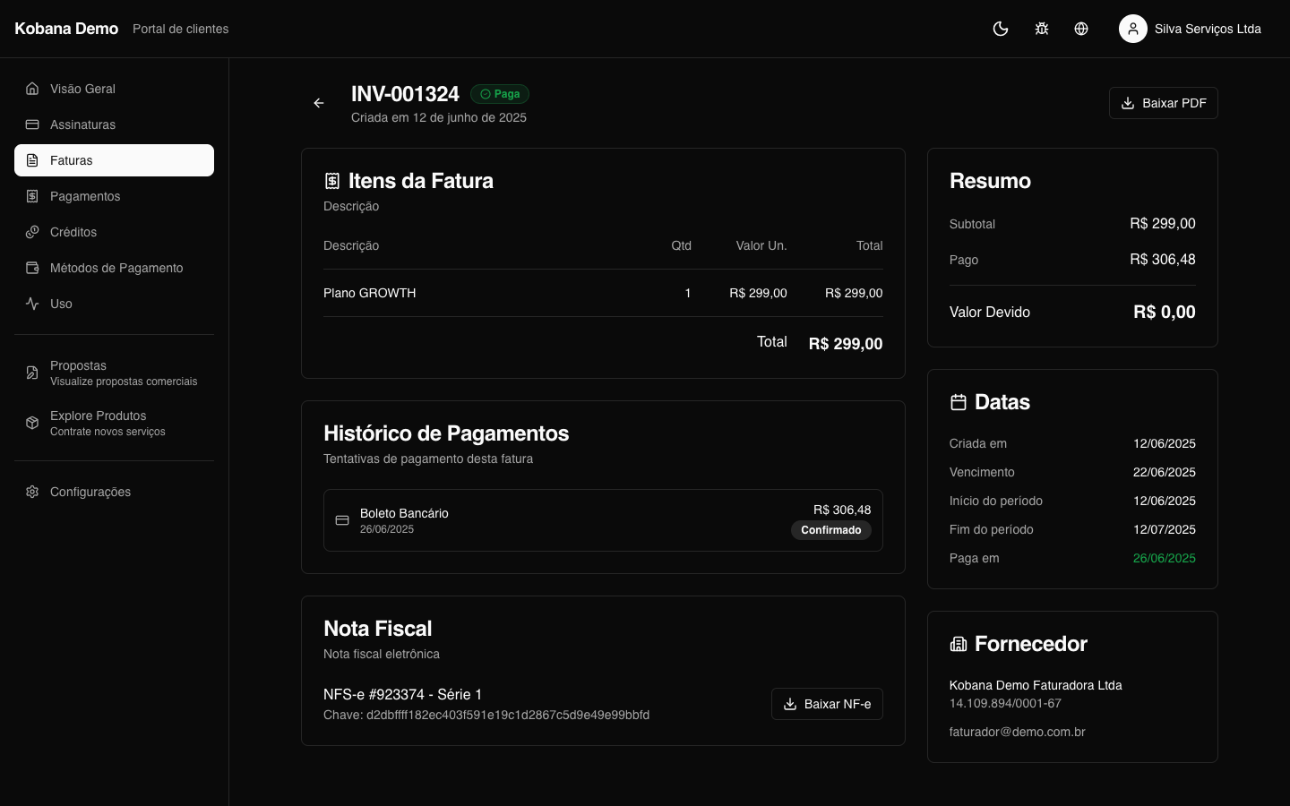 Detalhe de uma fatura com itens, totais e histórico de pagamento