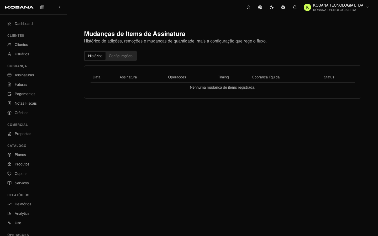 Histórico e configuração de mudanças de itens de assinatura