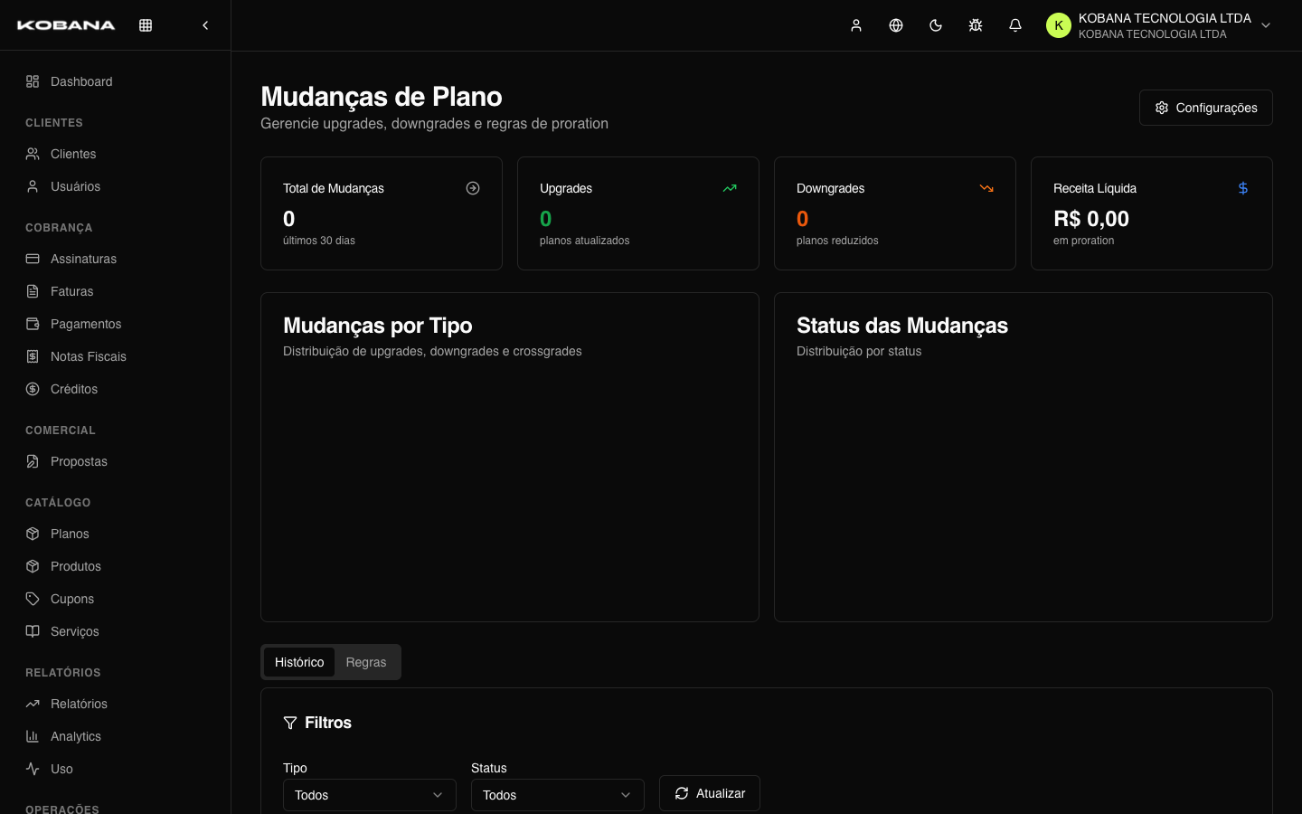 Histórico e configuração de mudanças de plano
