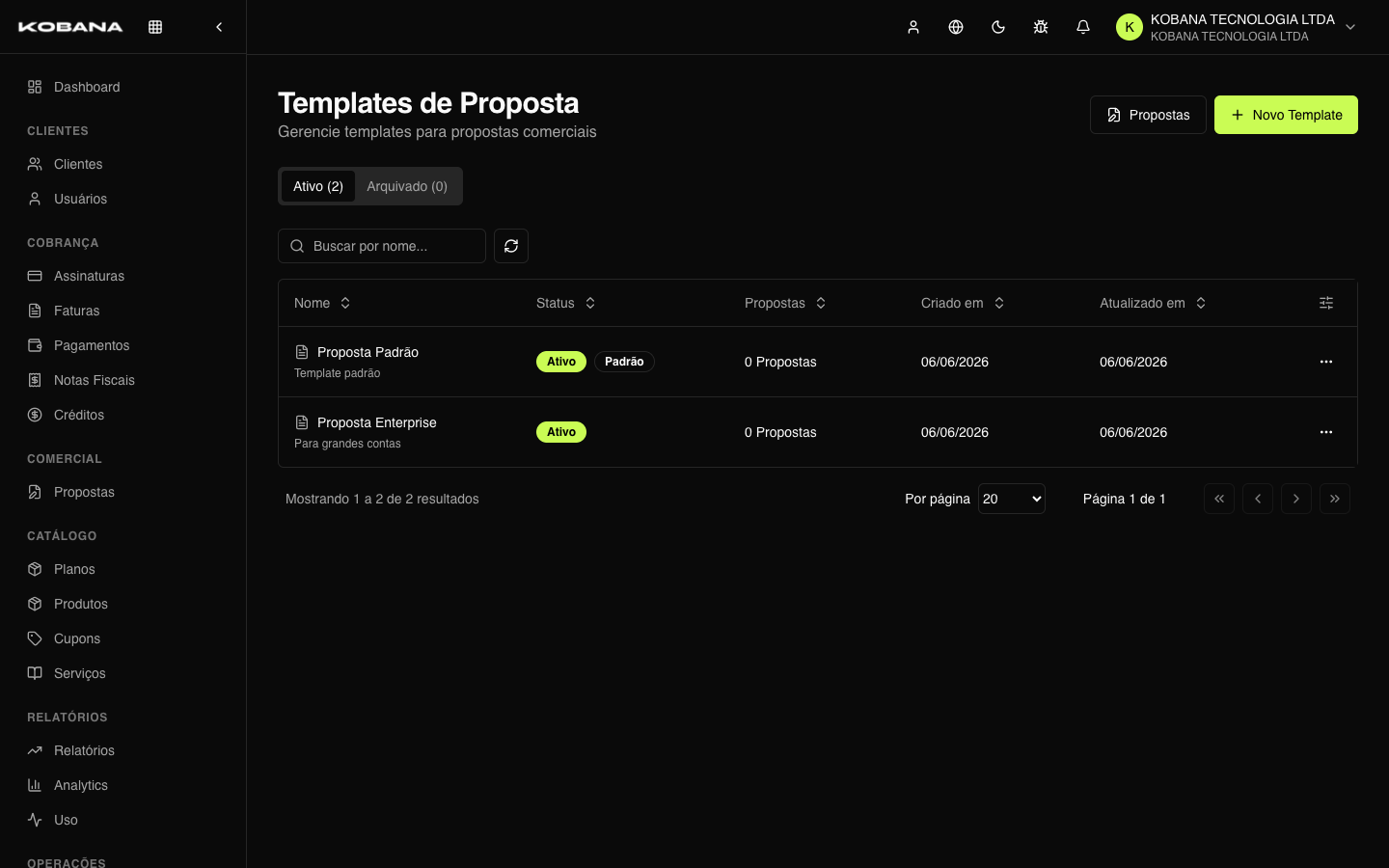 Lista de templates de proposta com placeholders