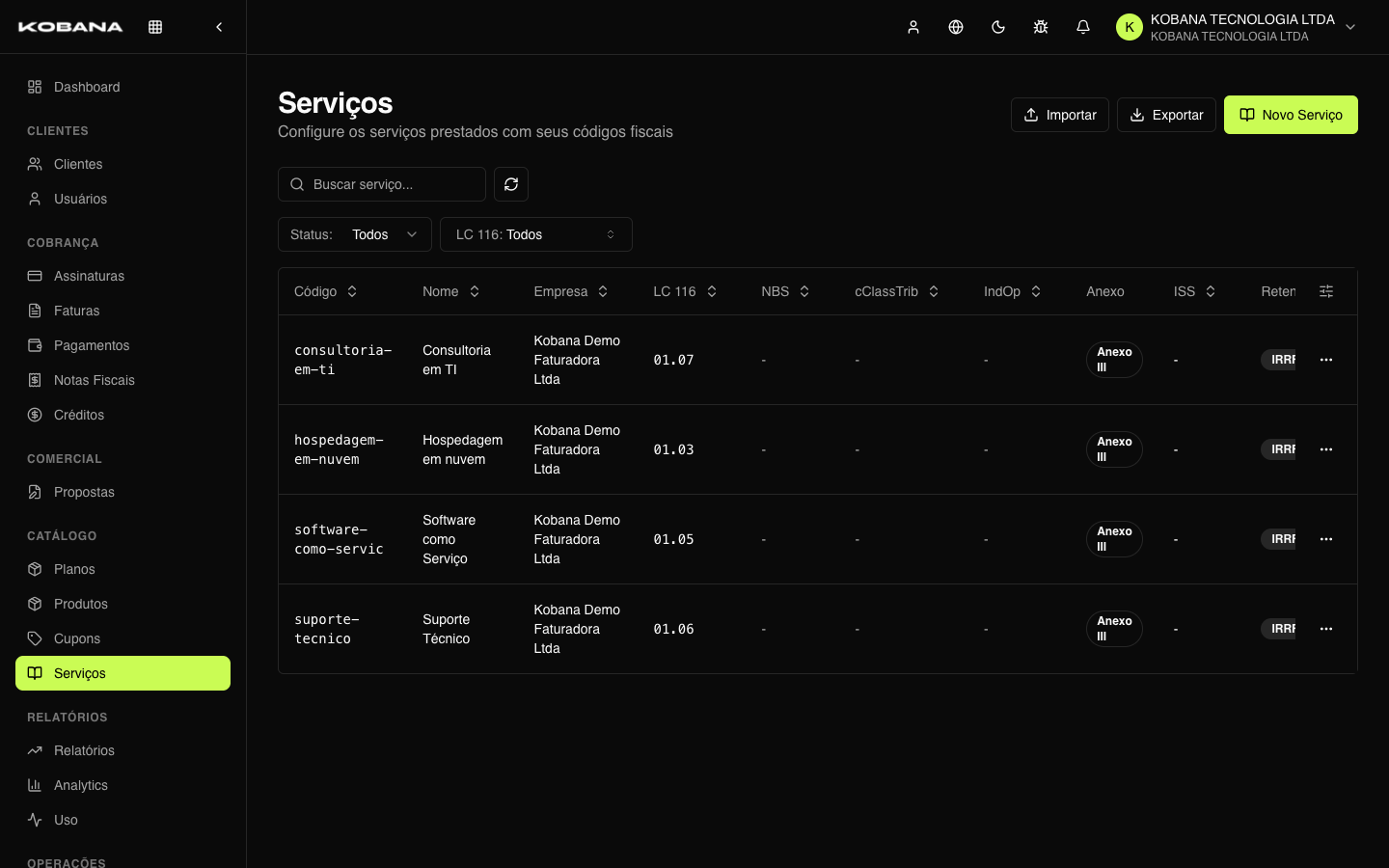 Lista de itens de serviço com código municipal e alíquotas