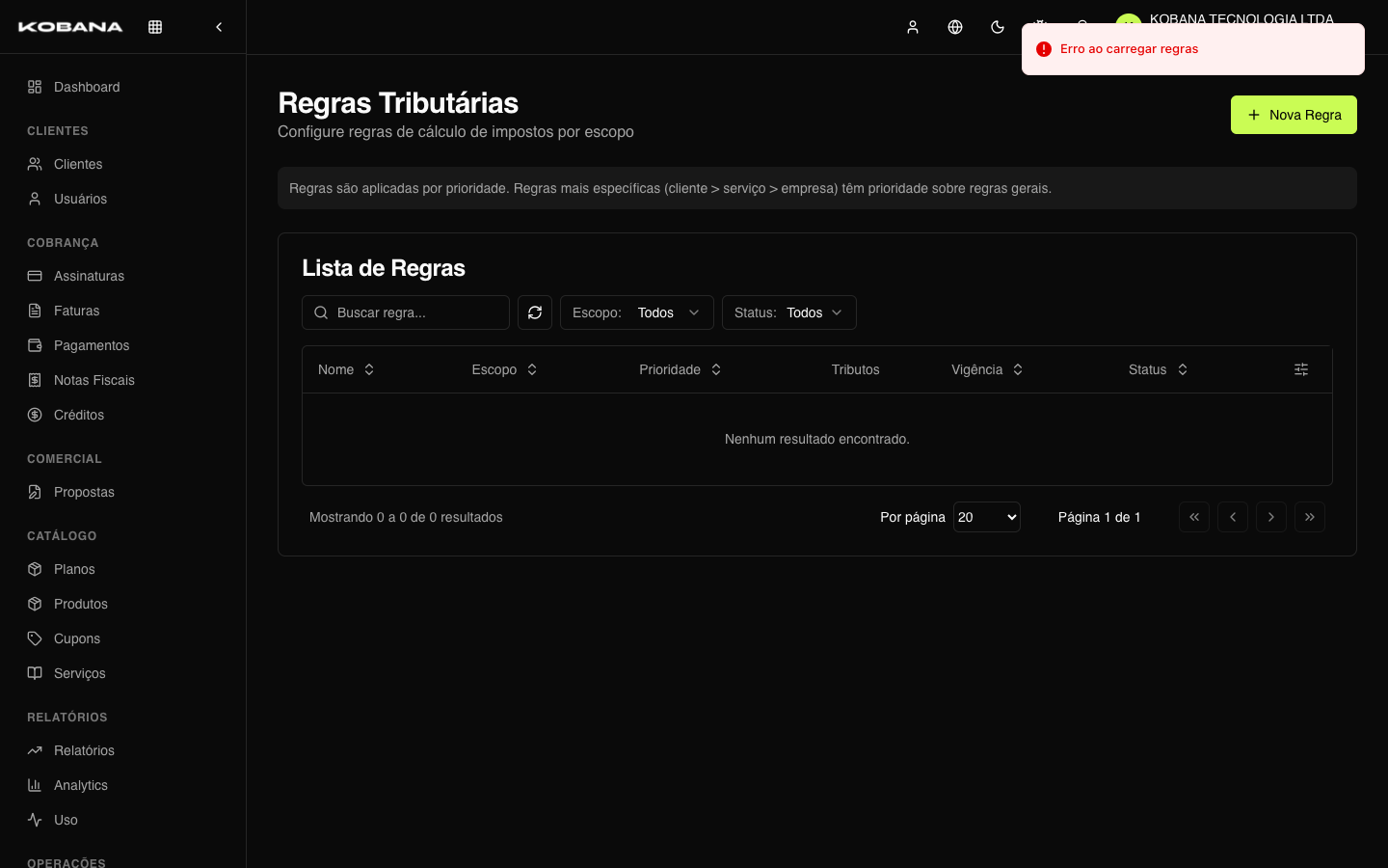 Lista de regras tributárias com escopo, prioridade e alíquotas