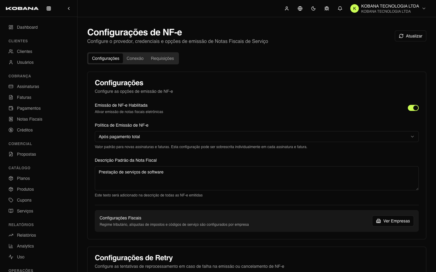 Configuração de NF-e por empresa com provedor e políticas