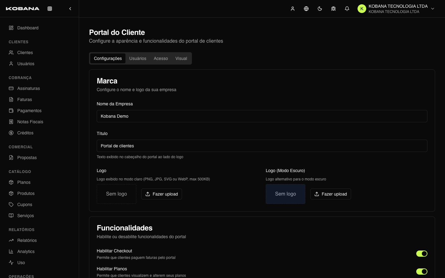 Configuração visual e funcional do portal do cliente