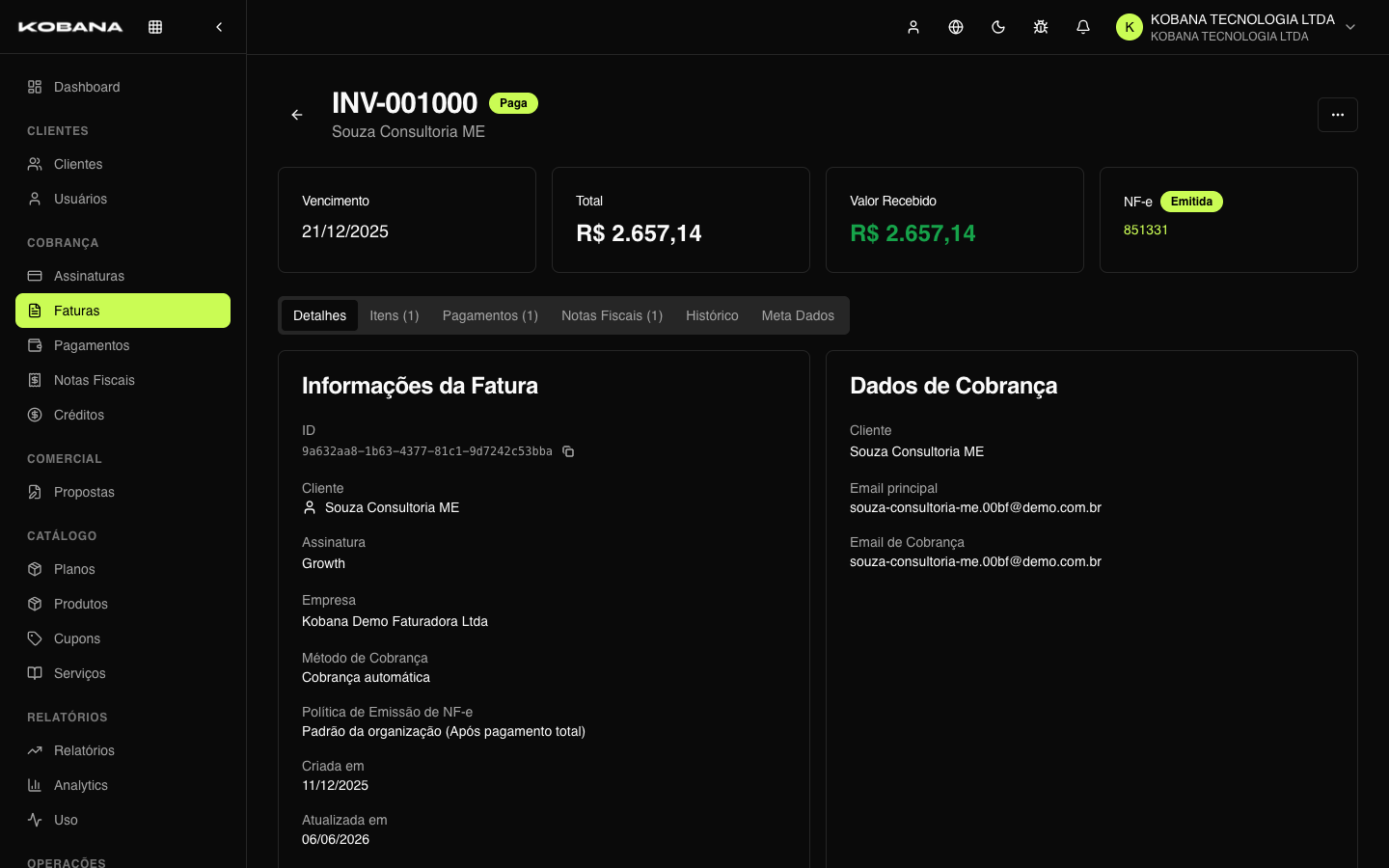 Detalhe de uma fatura com itens, totais e histórico