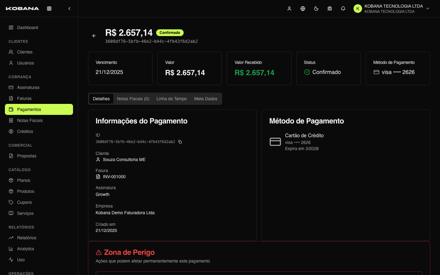 Detalhe de um pagamento com gateway, método e histórico