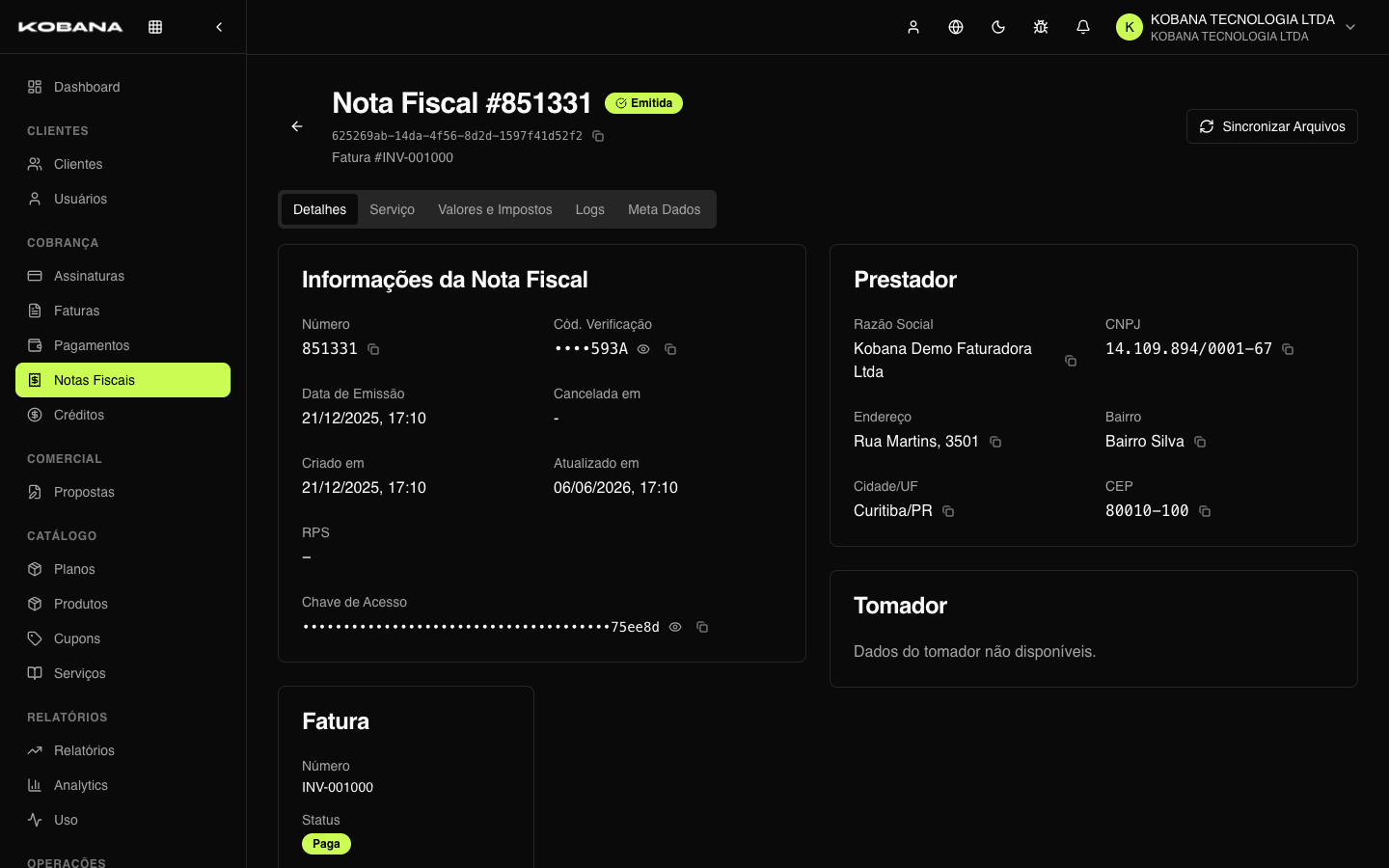 Detalhe de uma NF-e com tributos, XML e tentativas no provedor