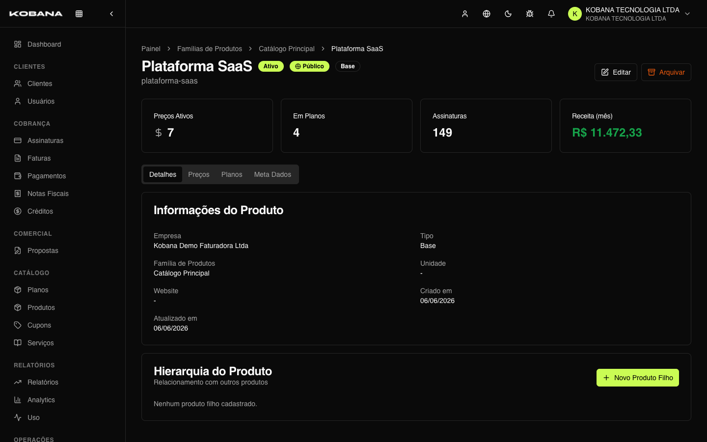 Detalhe de um produto com preços e planos vinculados