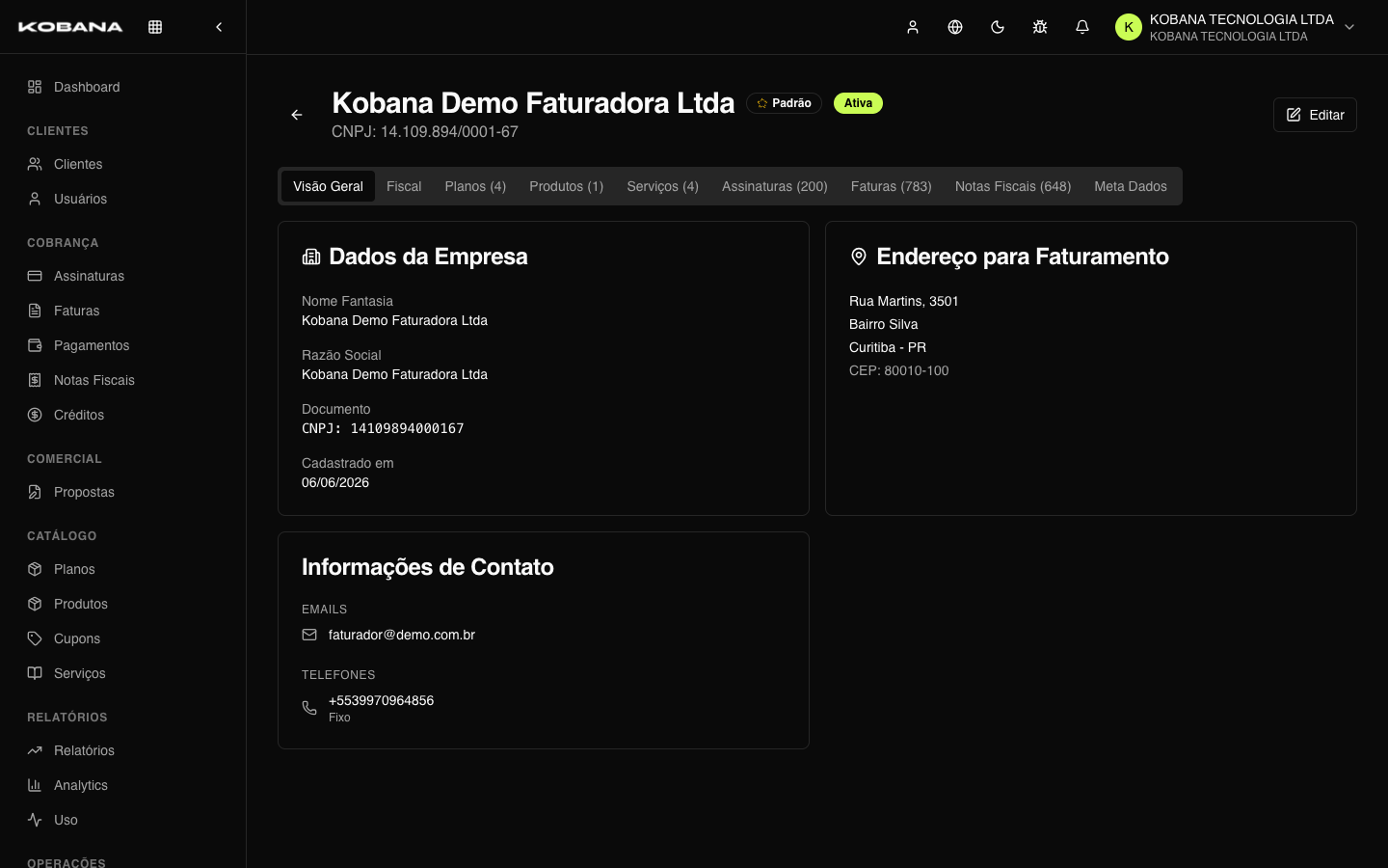 Detalhe de uma empresa com dados fiscais e abas de faturas e NF-e