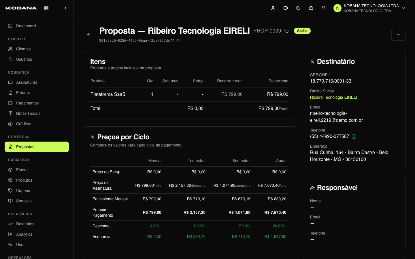 Detalhe de uma proposta com itens, totais e timeline